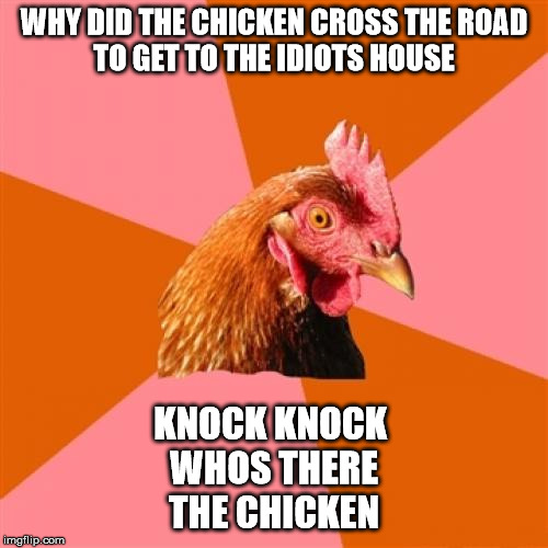 Anti Joke Chicken | WHY DID THE CHICKEN CROSS THE ROAD
TO GET TO THE IDIOTS HOUSE; KNOCK KNOCK 
WHOS THERE
THE CHICKEN | image tagged in memes,anti joke chicken | made w/ Imgflip meme maker
