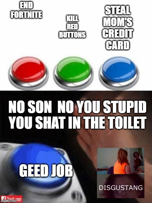 3 buttons | STEAL MOM'S CREDIT CARD; END FORTNITE; KILL RED BUTTONS; NO SON  NO YOU STUPID YOU SHAT IN THE TOILET; GEED JOB | image tagged in 3 buttons | made w/ Imgflip meme maker