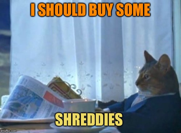 I Should Buy A Boat Cat Meme | I SHOULD BUY SOME SHREDDIES | image tagged in memes,i should buy a boat cat | made w/ Imgflip meme maker