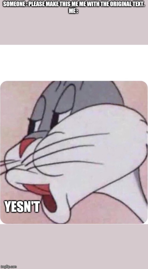 Well non't, but actually yesn't. | SOMEONE : PLEASE MAKE THIS ME ME WITH THE ORIGINAL TEXT.
ME :; YESN'T | image tagged in bugs bunny no | made w/ Imgflip meme maker