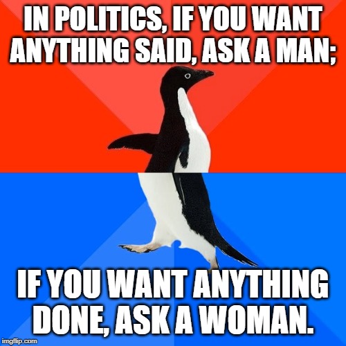Politics | IN POLITICS, IF YOU WANT ANYTHING SAID, ASK A MAN;; IF YOU WANT ANYTHING DONE, ASK A WOMAN. | image tagged in socially awesome awkward penguin | made w/ Imgflip meme maker