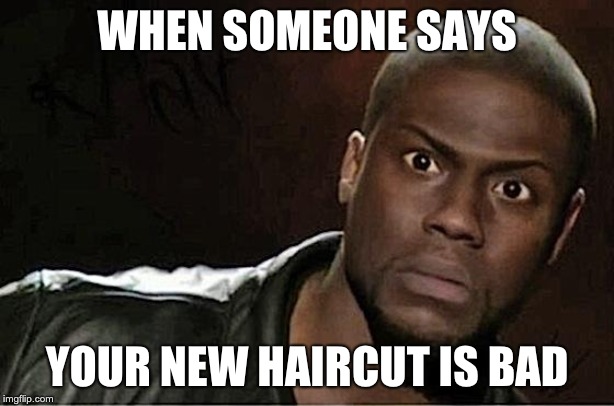 Kevin Hart | WHEN SOMEONE SAYS; YOUR NEW HAIRCUT IS BAD | image tagged in memes,kevin hart | made w/ Imgflip meme maker