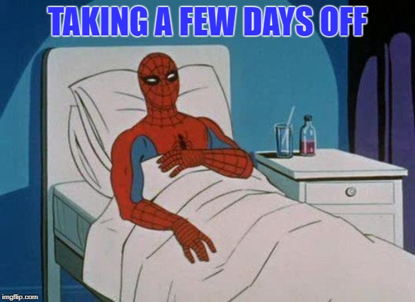 I'll be back to it maybe Wednesday or Thursday!  Timid's in charge of Neo while I'm gone. *wink wink* |  TAKING A FEW DAYS OFF | image tagged in memes,spiderman,nixieknox,break time | made w/ Imgflip meme maker