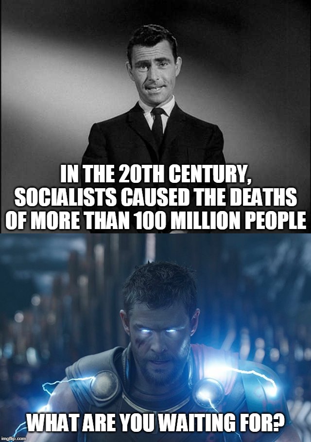 What are you waiting for? | IN THE 20TH CENTURY, SOCIALISTS CAUSED THE DEATHS OF MORE THAN 100 MILLION PEOPLE; WHAT ARE YOU WAITING FOR? | image tagged in rod serling twilight zone | made w/ Imgflip meme maker