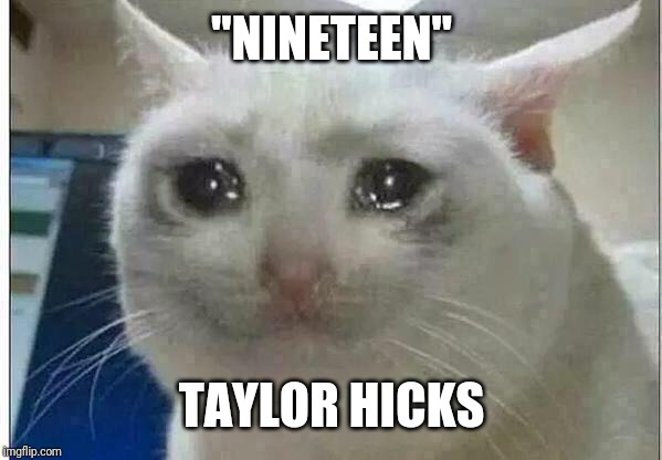 crying cat | "NINETEEN"; TAYLOR HICKS | image tagged in crying cat | made w/ Imgflip meme maker