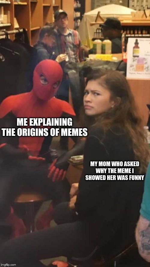 Perplexed zendaya | ME EXPLAINING THE ORIGINS OF MEMES; MY MOM WHO ASKED WHY THE MEME I SHOWED HER WAS FUNNY | image tagged in perplexed zendaya | made w/ Imgflip meme maker