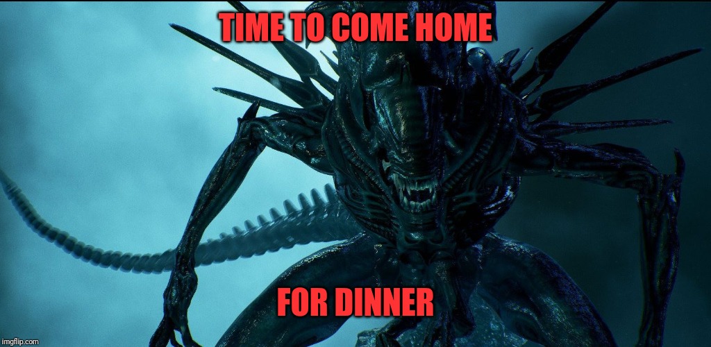 Alien Queen | TIME TO COME HOME FOR DINNER | image tagged in alien queen | made w/ Imgflip meme maker