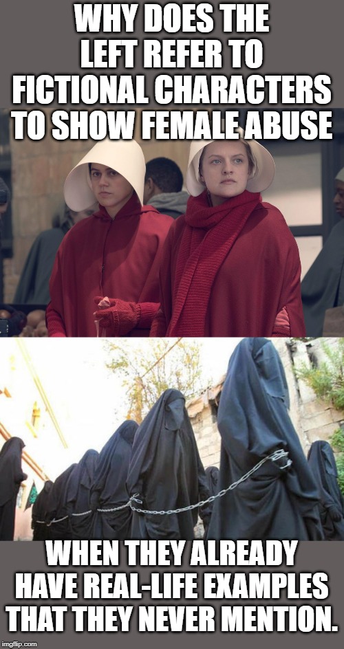 The lefts ignores the reality. | WHY DOES THE LEFT REFER TO FICTIONAL CHARACTERS TO SHOW FEMALE ABUSE; WHEN THEY ALREADY HAVE REAL-LIFE EXAMPLES THAT THEY NEVER MENTION. | image tagged in handmaids tale,isis slaves | made w/ Imgflip meme maker