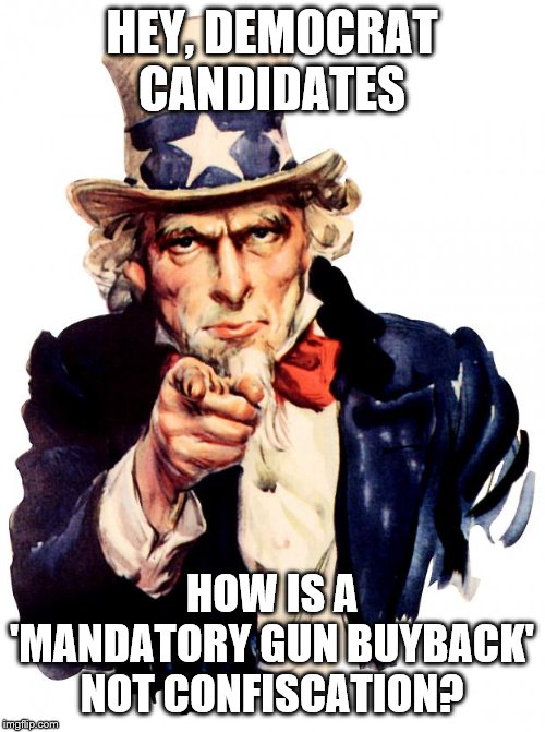 Uncle Sam Meme | HEY, DEMOCRAT CANDIDATES; HOW IS A 'MANDATORY GUN BUYBACK' NOT CONFISCATION? | image tagged in memes,uncle sam | made w/ Imgflip meme maker