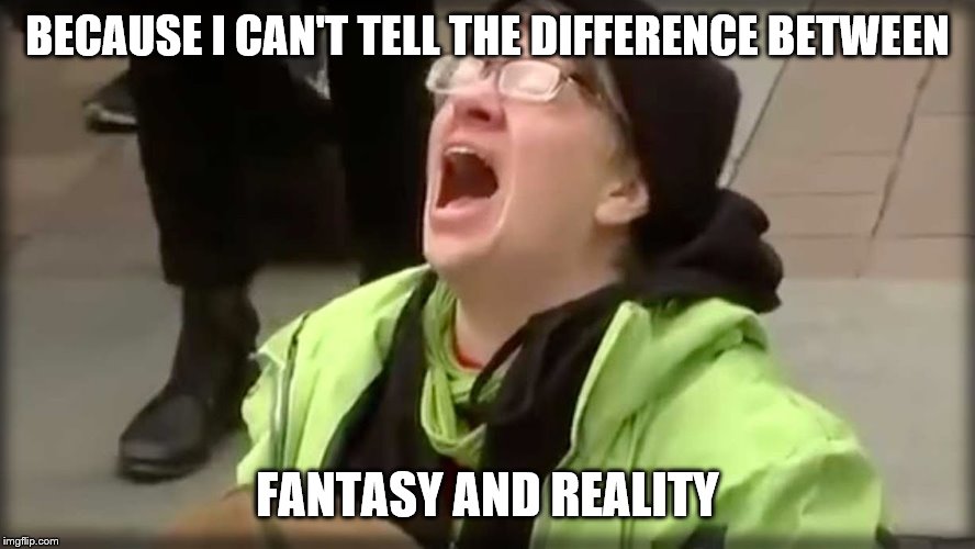 Trump SJW No | BECAUSE I CAN'T TELL THE DIFFERENCE BETWEEN FANTASY AND REALITY | image tagged in trump sjw no | made w/ Imgflip meme maker