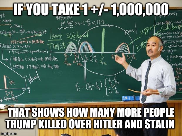 Liberal college professor calculating how much worse Trump is compared to Hitler and Stalin | IF YOU TAKE 1 +/- 1,000,000; THAT SHOWS HOW MANY MORE PEOPLE TRUMP KILLED OVER HITLER AND STALIN | image tagged in bullshit professor,cnn fake news,fake news,donald trump,hitler,stalin | made w/ Imgflip meme maker
