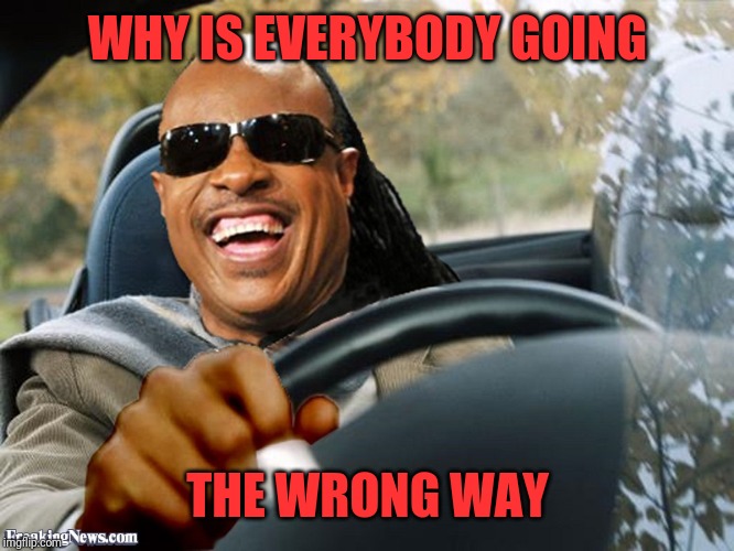 Stevie Wonder Driving | WHY IS EVERYBODY GOING THE WRONG WAY | image tagged in stevie wonder driving | made w/ Imgflip meme maker