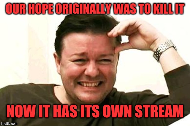 Laughing Ricky Gervais | OUR HOPE ORIGINALLY WAS TO KILL IT NOW IT HAS ITS OWN STREAM | image tagged in laughing ricky gervais | made w/ Imgflip meme maker