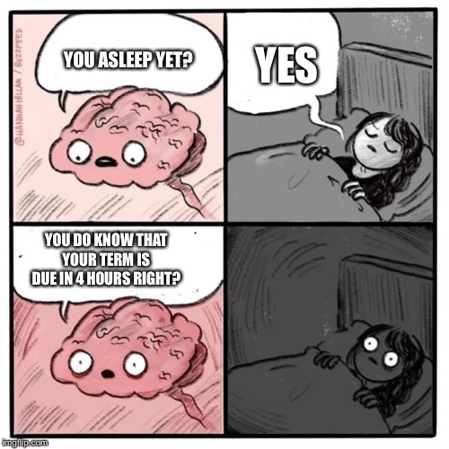 College nightmare | YES; YOU ASLEEP YET? YOU DO KNOW THAT YOUR TERM IS DUE IN 4 HOURS RIGHT? | image tagged in are you sleeping brain | made w/ Imgflip meme maker