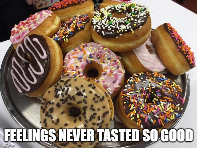 Eat all the feels... | FEELINGS NEVER TASTED SO GOOD | image tagged in doughnuts,eating feelings,feelings,eating,funny meme | made w/ Imgflip meme maker