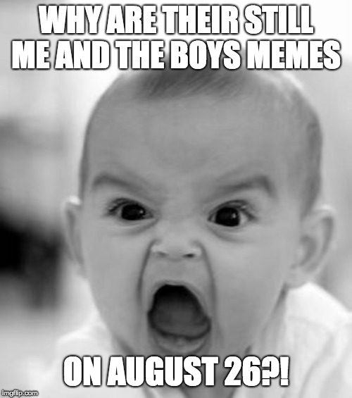 i want normal memes again! | WHY ARE THEIR STILL ME AND THE BOYS MEMES; ON AUGUST 26?! | image tagged in memes,angry baby | made w/ Imgflip meme maker