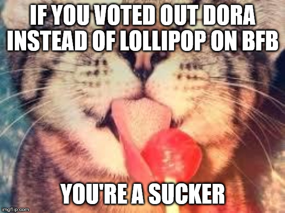 Cat Lollipop | IF YOU VOTED OUT DORA INSTEAD OF LOLLIPOP ON BFB; YOU'RE A SUCKER | image tagged in cat lollipop | made w/ Imgflip meme maker