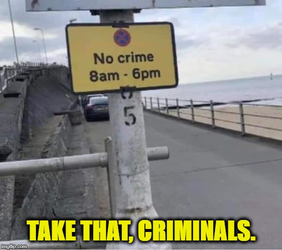That'll Show 'Em | TAKE THAT, CRIMINALS. | image tagged in sign,no,crime | made w/ Imgflip meme maker