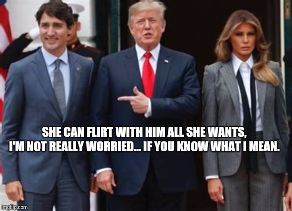 Trudeau not interested in trade deal. | SHE CAN FLIRT WITH HIM ALL SHE WANTS,  I'M NOT REALLY WORRIED... IF YOU KNOW WHAT I MEAN. | image tagged in donald trump,melania trump,justin trudeau | made w/ Imgflip meme maker