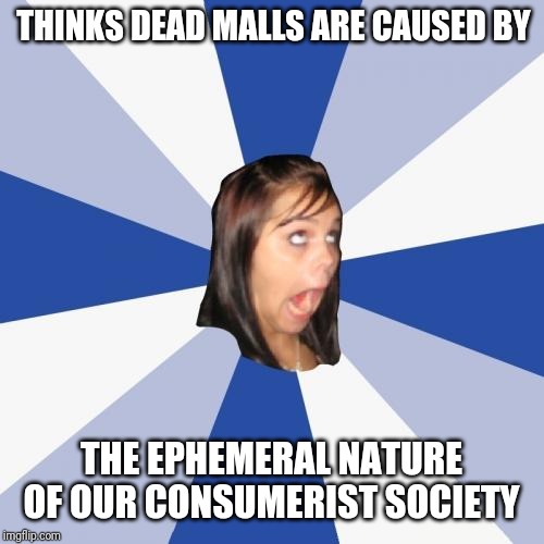 Annoying Facebook Girl | THINKS DEAD MALLS ARE CAUSED BY; THE EPHEMERAL NATURE OF OUR CONSUMERIST SOCIETY | image tagged in memes,annoying facebook girl | made w/ Imgflip meme maker
