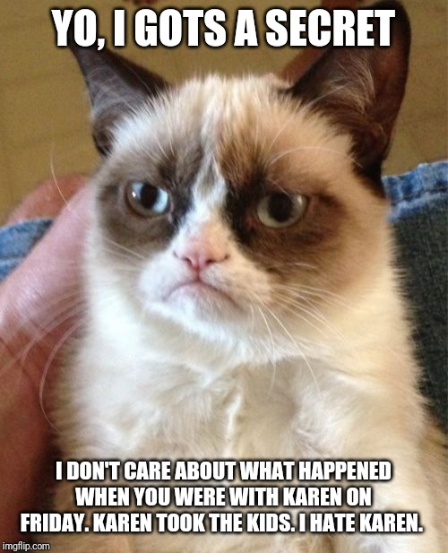 Grumpy Cat | YO, I GOTS A SECRET; I DON'T CARE ABOUT WHAT HAPPENED WHEN YOU WERE WITH KAREN ON FRIDAY. KAREN TOOK THE KIDS. I HATE KAREN. | image tagged in memes,grumpy cat | made w/ Imgflip meme maker