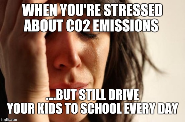 First World Problems | WHEN YOU'RE STRESSED ABOUT CO2 EMISSIONS; ....BUT STILL DRIVE YOUR KIDS TO SCHOOL EVERY DAY | image tagged in memes,first world problems | made w/ Imgflip meme maker