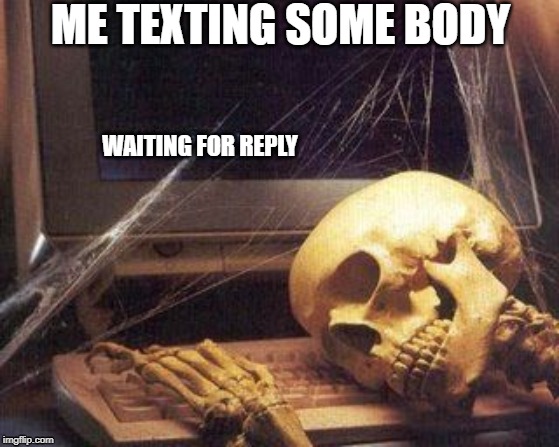 died waiting for text | ME TEXTING SOME BODY; WAITING FOR REPLY | image tagged in dead skeleton | made w/ Imgflip meme maker