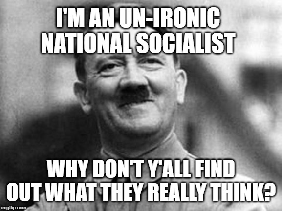 adolf hitler | I'M AN UN-IRONIC NATIONAL SOCIALIST WHY DON'T Y'ALL FIND OUT WHAT THEY REALLY THINK? | image tagged in adolf hitler | made w/ Imgflip meme maker