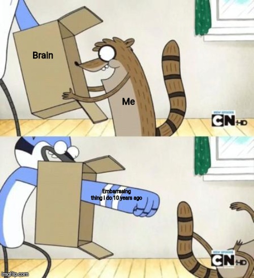 Mordecai Punches Rigby Through a Box | Brain; Me; Embarrasing thing i do 10 years ago | image tagged in mordecai punches rigby through a box | made w/ Imgflip meme maker