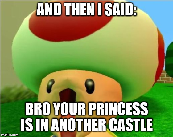 excited toad | AND THEN I SAID:; BRO YOUR PRINCESS IS IN ANOTHER CASTLE | image tagged in excited toad | made w/ Imgflip meme maker