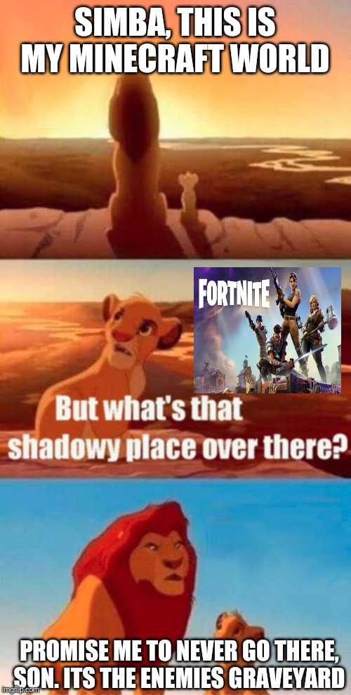 Simba Shadowy Place | SIMBA, THIS IS MY MINECRAFT WORLD; PROMISE ME TO NEVER GO THERE, SON. ITS THE ENEMIES GRAVEYARD | image tagged in memes,simba shadowy place | made w/ Imgflip meme maker