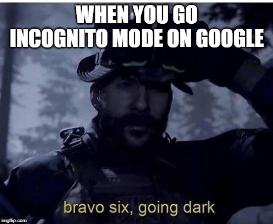 Bravo six going dark | WHEN YOU GO INCOGNITO MODE ON GOOGLE | image tagged in bravo six going dark | made w/ Imgflip meme maker