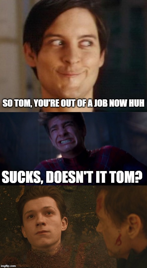 Disintegrating Spider Man from the MCU | SO TOM, YOU'RE OUT OF A JOB NOW HUH; SUCKS, DOESN'T IT TOM? | image tagged in memes,spiderman peter parker,andrew garfield crying | made w/ Imgflip meme maker