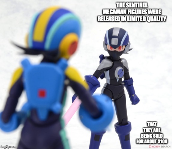 Sentinel Megaman Figures | THE SENTINEL MEGAMAN FIGURES WERE RELEASED IN LIMITED QUALITY; THAT THEY ARE BEING SOLD FOR ABOUT $100 | image tagged in sentinel,megaman,megaman nt warrior,memes | made w/ Imgflip meme maker