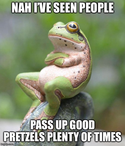 nah frog | NAH I’VE SEEN PEOPLE PASS UP GOOD PRETZELS PLENTY OF TIMES | image tagged in nah frog | made w/ Imgflip meme maker