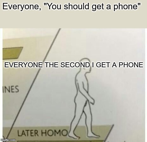 Why must you do this to me ;-; | Everyone, "You should get a phone"; EVERYONE THE SECOND I GET A PHONE | image tagged in later homo,memes,meme,phone | made w/ Imgflip meme maker