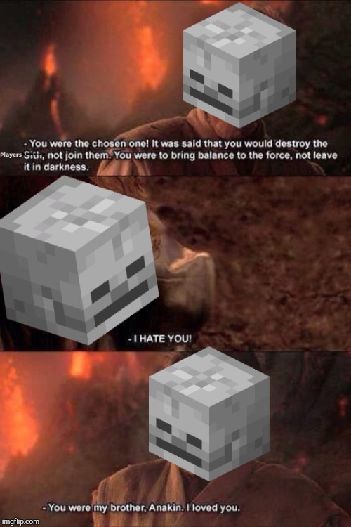 The Skeletons after shooting at each other | image tagged in minecraft,skeleton,memes,star wars,obiwan,anakin skywalker | made w/ Imgflip meme maker