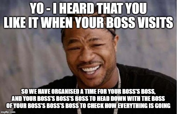Yo Dawg Heard You Meme | YO - I HEARD THAT YOU LIKE IT WHEN YOUR BOSS VISITS; SO WE HAVE ORGANISED A TIME FOR YOUR BOSS'S BOSS, AND YOUR BOSS'S BOSS'S BOSS TO HEAD DOWN WITH THE BOSS OF YOUR BOSS'S BOSS'S BOSS TO CHECK HOW EVERYTHING IS GOING | image tagged in memes,yo dawg heard you | made w/ Imgflip meme maker
