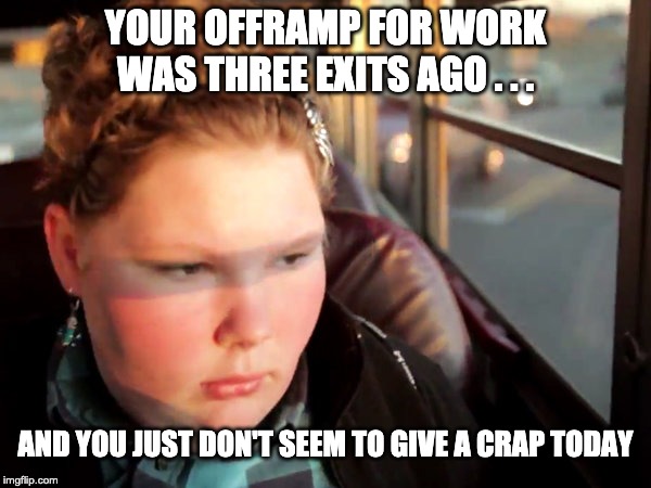 Sick of work | YOUR OFFRAMP FOR WORK WAS THREE EXITS AGO . . . AND YOU JUST DON'T SEEM TO GIVE A CRAP TODAY | image tagged in boss,employee,job,career,work,employer | made w/ Imgflip meme maker