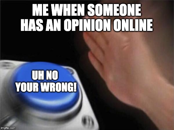Blank Nut Button | ME WHEN SOMEONE HAS AN OPINION ONLINE; UH NO 
YOUR WRONG! | image tagged in memes,blank nut button | made w/ Imgflip meme maker
