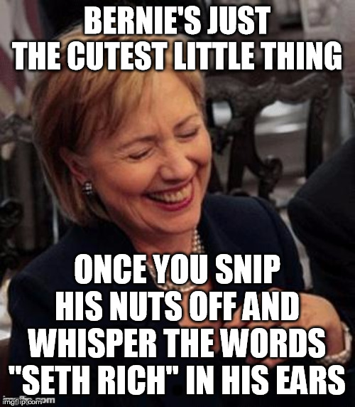 Hillary LOL | BERNIE'S JUST THE CUTEST LITTLE THING ONCE YOU SNIP HIS NUTS OFF AND WHISPER THE WORDS "SETH RICH" IN HIS EARS | image tagged in hillary lol | made w/ Imgflip meme maker