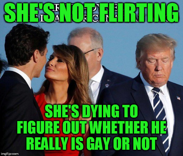 This is my bet | SHE'S NOT FLIRTING; SHE'S DYING TO FIGURE OUT WHETHER HE REALLY IS GAY OR NOT | image tagged in justin trudeau,melania trump,donald trump | made w/ Imgflip meme maker