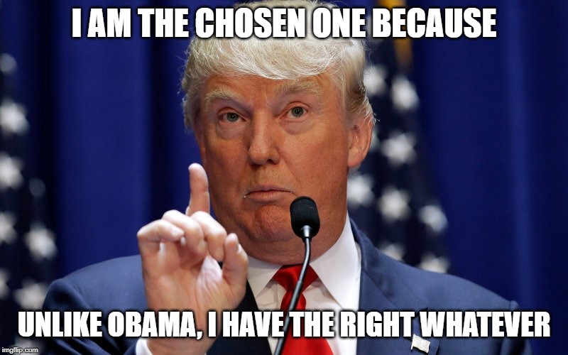 Donald Trump | I AM THE CHOSEN ONE BECAUSE; UNLIKE OBAMA, I HAVE THE RIGHT WHATEVER | image tagged in donald trump | made w/ Imgflip meme maker