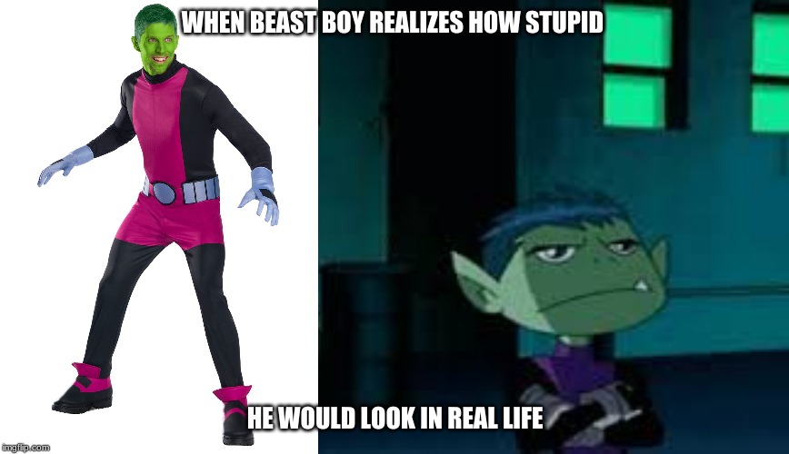 Real Life Beast Boy v. Cartoon Beast Boy | WHEN BEAST BOY REALIZES HOW STUPID; HE WOULD LOOK IN REAL LIFE | image tagged in teen titans,cartoons | made w/ Imgflip meme maker