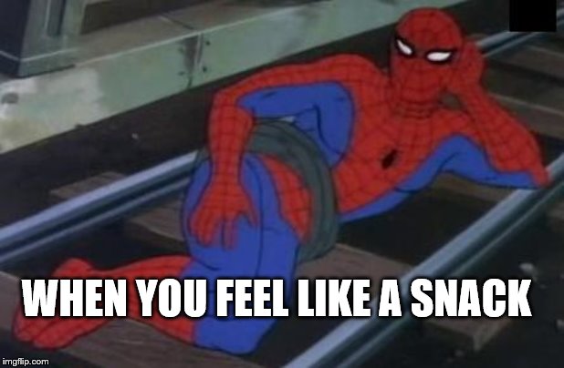 Sexy Railroad Spiderman Meme | WHEN YOU FEEL LIKE A SNACK | image tagged in memes,sexy railroad spiderman,spiderman | made w/ Imgflip meme maker