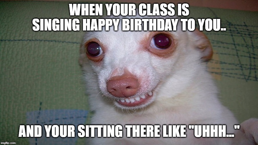 embarrassed grin | WHEN YOUR CLASS IS SINGING HAPPY BIRTHDAY TO YOU.. AND YOUR SITTING THERE LIKE "UHHH..." | image tagged in embarrassed grin | made w/ Imgflip meme maker