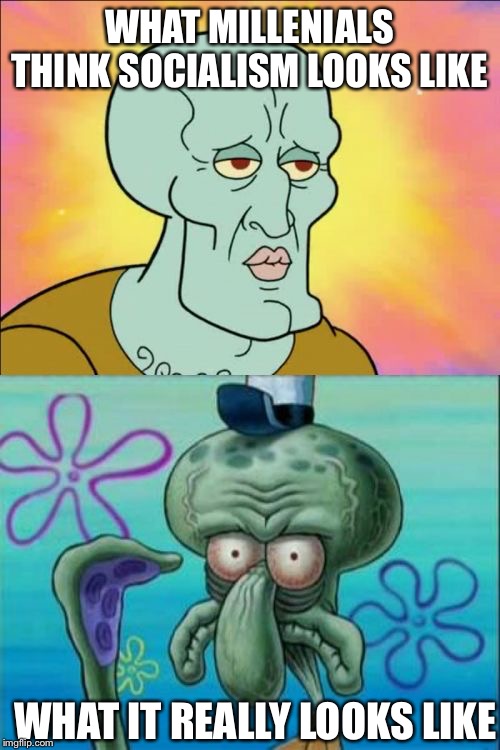 Squidward Meme | WHAT MILLENIALS THINK SOCIALISM LOOKS LIKE; WHAT IT REALLY LOOKS LIKE | image tagged in memes,squidward | made w/ Imgflip meme maker