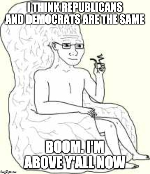 Big Brain Wojak | I THINK REPUBLICANS AND DEMOCRATS ARE THE SAME BOOM. I'M ABOVE Y'ALL NOW | image tagged in big brain wojak | made w/ Imgflip meme maker