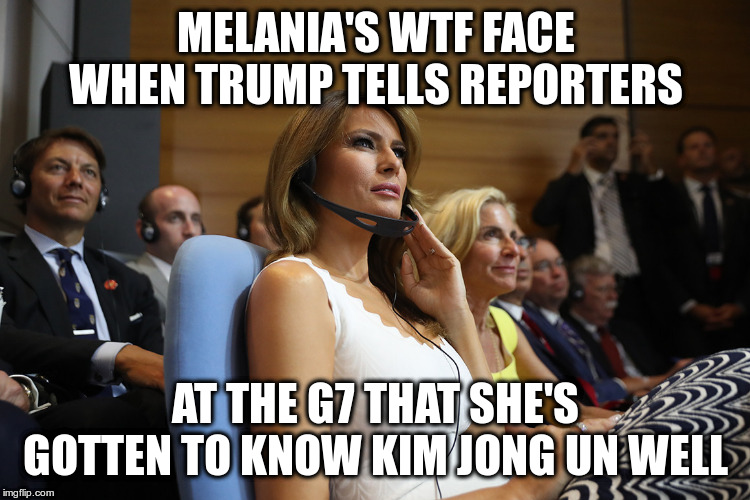She's also best friends with the tooth fairy | MELANIA'S WTF FACE WHEN TRUMP TELLS REPORTERS; AT THE G7 THAT SHE'S GOTTEN TO KNOW KIM JONG UN WELL | image tagged in melania trump,trump,humor,g7,lying,kim jong un | made w/ Imgflip meme maker