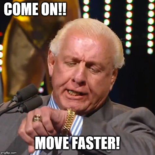 RIC FLAIR LOOKS AT WATCH | COME ON!! MOVE FASTER! | image tagged in ric flair looks at watch | made w/ Imgflip meme maker